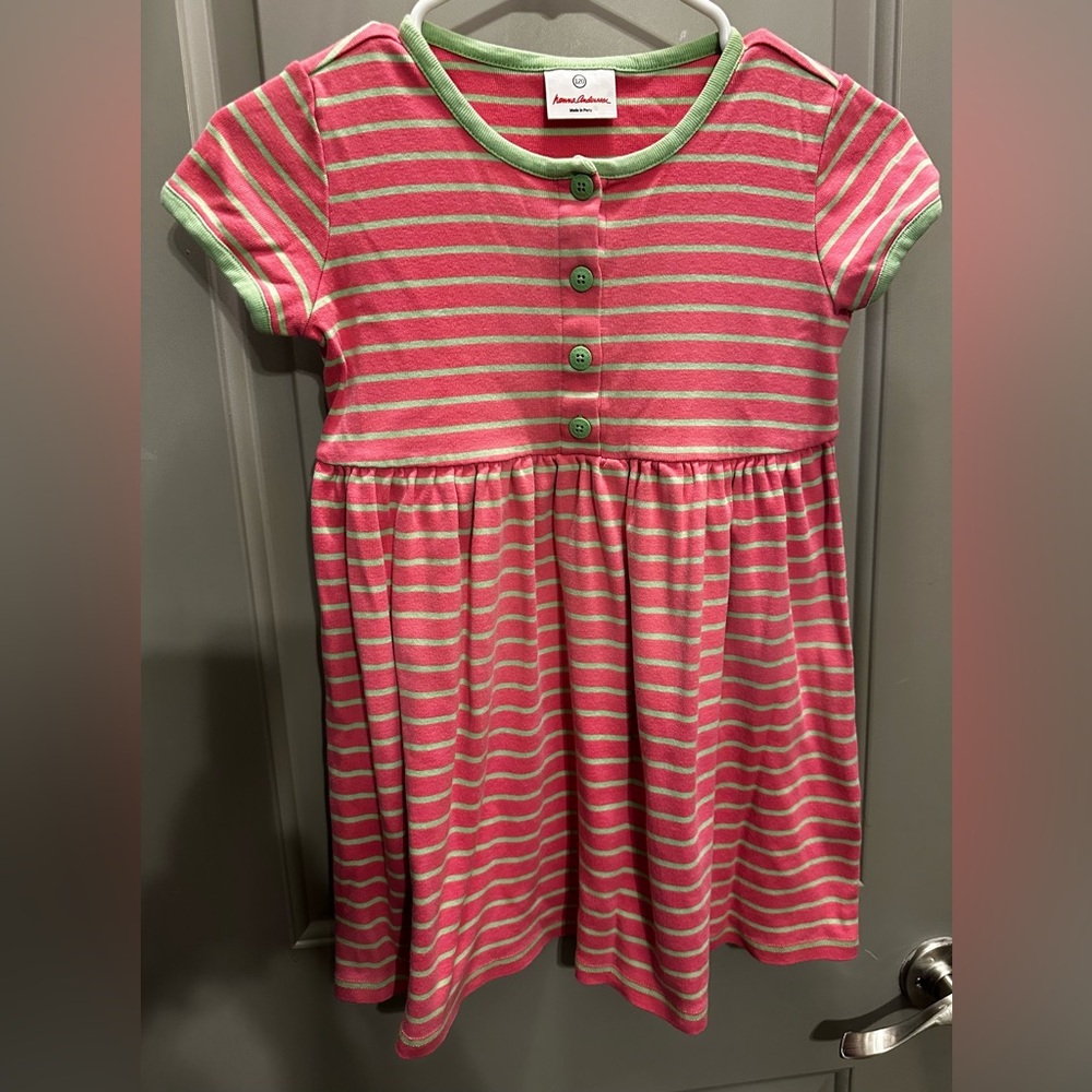 Hanna Andersson Size 120 (6/7) Striped Pink/Green Cotton Dress EUC